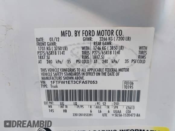 2012 Ford F-150 XL with VIN 1FTFW1ET3CFA57053, listed as a IAAI auction lot 43059191 with 87,216 mi miles and . Bid and sale history available at DreamBid. Image 9.