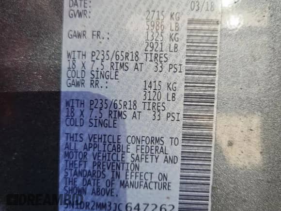 2018 Nissan Pathfinder SL with VIN 5N1DR2MM3JC647262, listed as a Copart auction lot 81697335 with 79,142 mi miles and Salvage title. Bid and sale history available at DreamBid. Image 12.