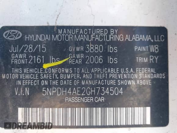 2016 Hyundai Elantra SE z VIN 5NPDH4AE2GH734504, wystawiony jako IAAI lot #43103164 z przebiegiem Nie podano mil oraz . Historia ofert i sprzedaży dostępna na DreamBid. Obrazek 9.