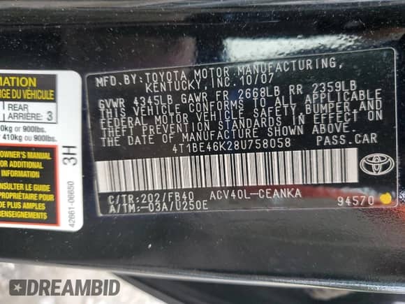 2008 Toyota Camry LE with VIN 4T1BE46K28U758058, listed as a Copart auction lot 80785265 with 96,471 mi miles and Salvage title. Bid and sale history available at DreamBid. Image 12.