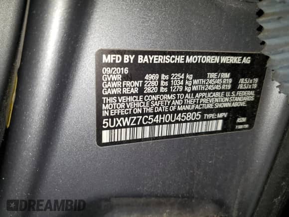 2017 BMW X3 sDrive28i with VIN 5UXWZ7C54H0U45805, listed as a Copart auction lot 84890325 with 154,174 mi miles and Salvage title. Bid and sale history available at DreamBid. Image 13.