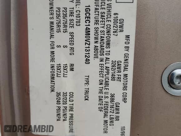 1997 Chevrolet Silverado 1500 with VIN 1GCEC14M0VZ131240, listed as a Copart auction lot 83833085 with 119,514 mi miles and Non repairable. Bid and sale history available at DreamBid. Image 13.