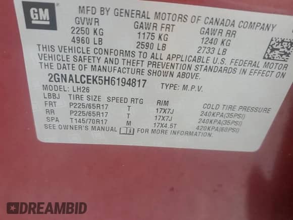 2017 Chevrolet Equinox LT with VIN 2GNALCEK5H6194817, listed as a Copart auction lot 84220175 with 110,349 mi miles and Salvage title. Bid and sale history available at DreamBid. Image 13.
