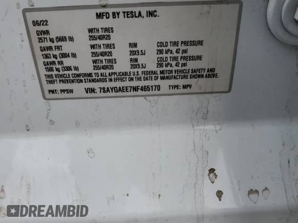 2022 Tesla Model Y Long Range with VIN 7SAYGAEE7NF465170, listed as a Copart auction lot 80191505 with 95,332 mi miles and Salvage title. Bid and sale history available at DreamBid. Image 13.