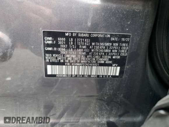 2022 Subaru Ascent Limited with VIN 4S4WMAPD2N3469931, listed as a Copart auction lot 82041015 with 44,498 mi miles and Salvage title. Bid and sale history available at DreamBid. Image 13.