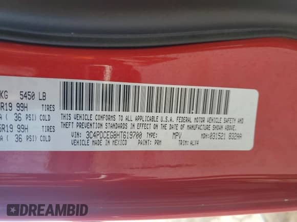 2017 Dodge Journey GT with VIN 3C4PDCEG8HT619700, listed as a Copart auction lot 65761885 with 102,929 mi miles and Salvage title. Bid and sale history available at DreamBid. Image 13.