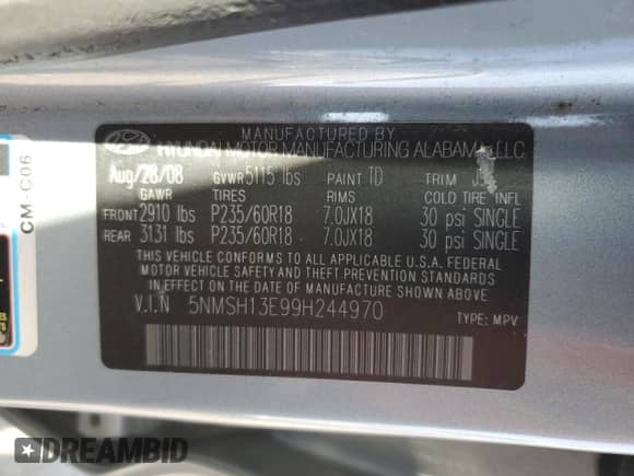 2009 Hyundai Santa Fe Limited с VIN 5NMSH13E99H244970, выставлен на аукционе Copart как лот 72059845 с пробегом 124 421 миль миль и Чистый • Clean title. История ставок и продаж доступна на DreamBid. Изображение 13.