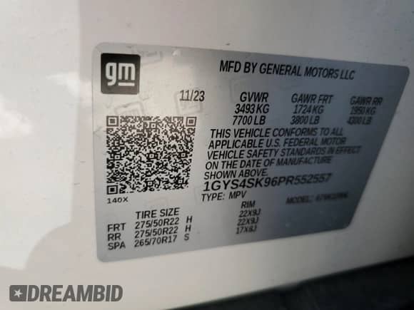 2023 Cadillac Escalade ESV AWD V-Series with VIN 1GYS4SK96PR552557, listed as a Copart auction lot 53457655 with Not provided miles and Salvage title. Bid and sale history available at DreamBid. Image 12.