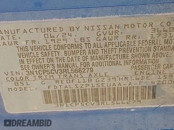 2024 Nissan Kicks SV с VIN 3N1CP5CV3RL566279, выставлен на аукционе IAAI как лот 43143921 с пробегом 25 721 миль миль и . История ставок и продаж доступна на DreamBid. Изображение 9.