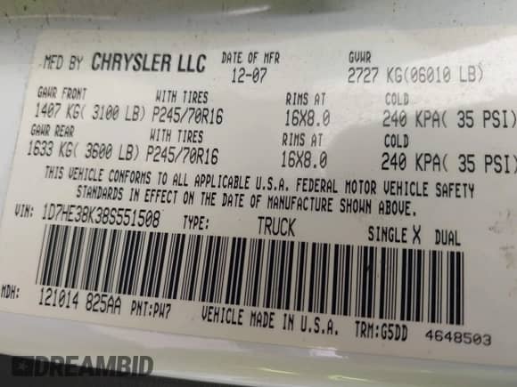 2008 Dodge Dakota SXT with VIN 1D7HE38K38S551508, listed as a IAAI auction lot 42831052 with 129,006 mi miles and . Bid and sale history available at DreamBid. Image 9.