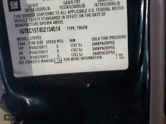 2005 GMC Sierra 1500 SLT with VIN 1GTEC19T45Z134514, listed as a Copart auction lot 41648155 with Not provided miles and Salvage title. Bid and sale history available at DreamBid. Image 12.