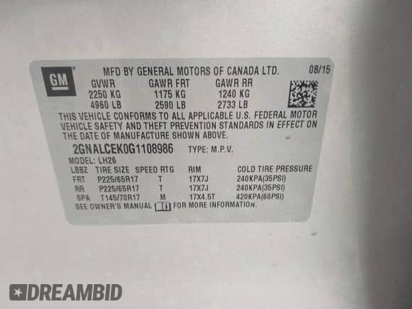 2016 Chevrolet Equinox LT с VIN 2GNALCEK0G1108986, выставлен на аукционе IAAI как лот 43009141 с пробегом 137 502 миль миль и . История ставок и продаж доступна на DreamBid. Изображение 9.