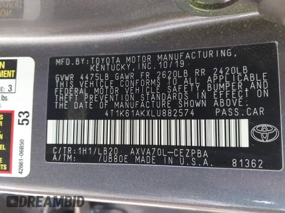 2020 Toyota Camry XSE z VIN 4T1K61AKXLU882574, wystawiony jako IAAI lot #43349578 z przebiegiem 60 611 mil mil oraz . Historia ofert i sprzedaży dostępna na DreamBid. Obrazek 9.