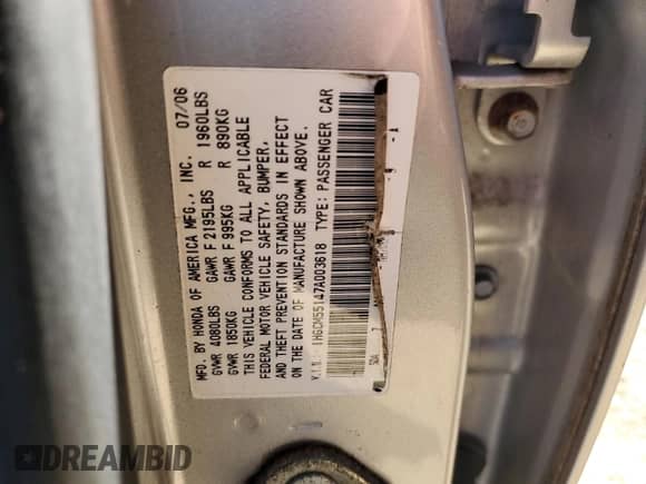 2007 Honda Accord VP с VIN 1HGCM55147A003618, выставлен на аукционе Copart как лот 69643225 с пробегом 141 296 миль миль и Списание • Salvage title. История ставок и продаж доступна на DreamBid. Изображение 12.