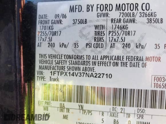 2007 Ford F-150 XLT with VIN 1FTPX14V37NA22710, listed as a IAAI auction lot 43232480 with 172,968 mi miles and . Bid and sale history available at DreamBid. Image 9.