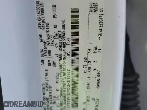 2016 Ford F-150 XL z VIN 1FTEW1CPXGKE15862, wystawiony jako Copart lot #70713805 z przebiegiem 148 797 mil mil oraz Szkoda całkowita • Salvage title. Historia ofert i sprzedaży dostępna na DreamBid. Obrazek 12.