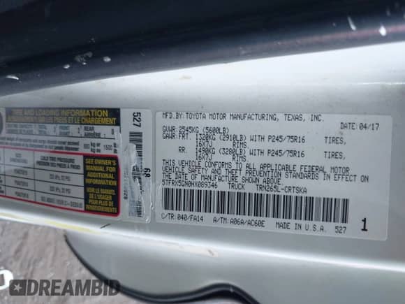 2017 Toyota Tacoma SR z VIN 5TFRX5GN0HX089346, wystawiony jako IAAI lot #43344065 z przebiegiem 227 719 mil mil oraz . Historia ofert i sprzedaży dostępna na DreamBid. Obrazek 9.