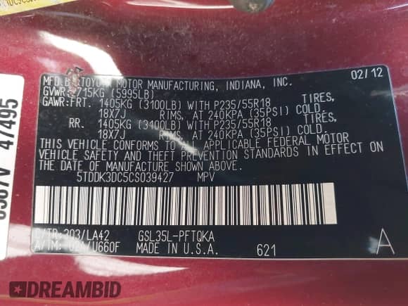 2012 Toyota Sienna XLE z VIN 5TDDK3DC5CS039427, wystawiony jako IAAI lot #43516721 z przebiegiem 227 973 mil mil oraz . Historia ofert i sprzedaży dostępna na DreamBid. Obrazek 9.