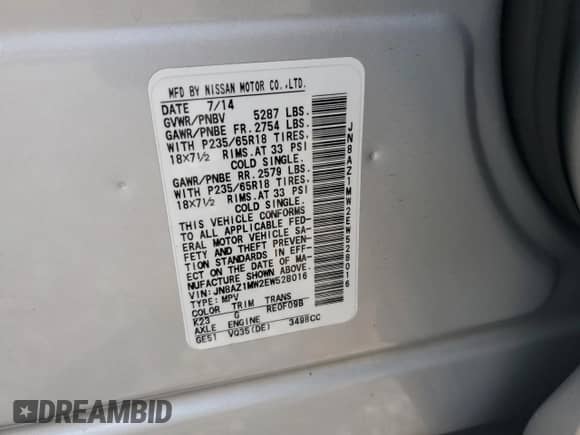 2014 Nissan Murano SV with VIN JN8AZ1MW2EW528016, listed as a Copart auction lot 66679465 with 196,364 mi miles and Salvage title. Bid and sale history available at DreamBid. Image 13.