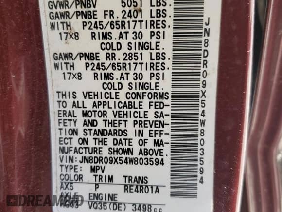 2004 Nissan Pathfinder SE with VIN JN8DR09X54W803594, listed as a Copart auction lot 48770495 with 212,614 mi miles and Clean title. Bid and sale history available at DreamBid. Image 14.