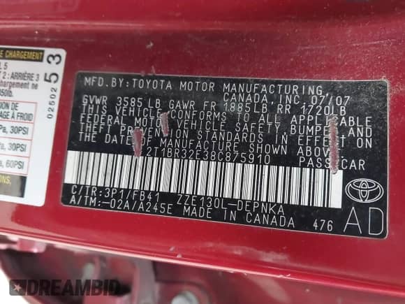 2008 Toyota Corolla CE z VIN 2T1BR32E38C875910, wystawiony jako IAAI lot #43566941 z przebiegiem 215 306 mil mil oraz . Historia ofert i sprzedaży dostępna na DreamBid. Obrazek 9.