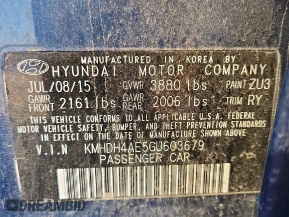 2016 Hyundai Elantra SE с VIN KMHDH4AE5GU603679, выставлен на аукционе Copart как лот 84281825 с пробегом 61 623 миль миль и Списание • Salvage title. История ставок и продаж доступна на DreamBid. Изображение 12.