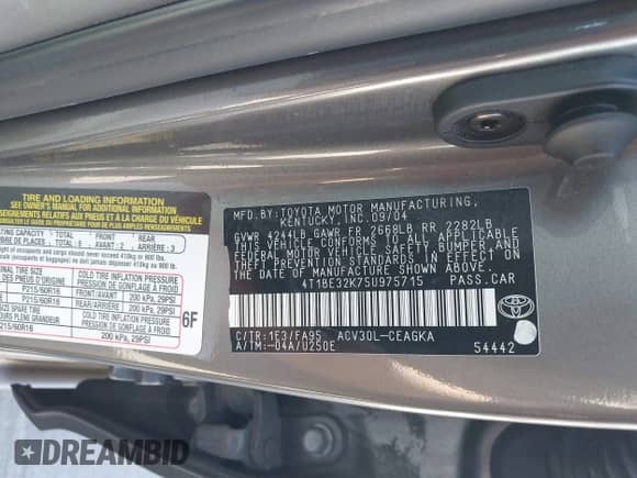 2005 Toyota Camry STD z VIN 4T1BE32K75U975715, wystawiony jako IAAI lot #43465908 z przebiegiem 177 653 mil mil oraz . Historia ofert i sprzedaży dostępna na DreamBid. Obrazek 9.