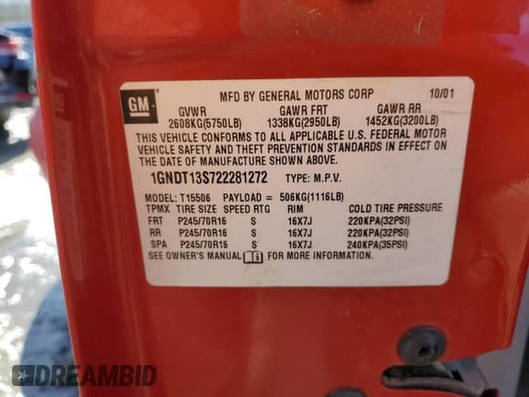 2002 Chevrolet TrailBlazer LS with VIN 1GNDT13S722281272, listed as a Copart auction lot 42205455 with Not provided miles and Salvage title. Bid and sale history available at DreamBid. Image 12.