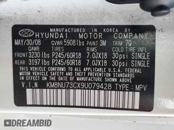 2009 Hyundai Veracruz GLS z VIN KM8NU73CX9U079428, wystawiony jako Copart lot #75940504 z przebiegiem 191 503 mil mil oraz Szkoda całkowita • Salvage title. Historia ofert i sprzedaży dostępna na DreamBid. Obrazek 15.