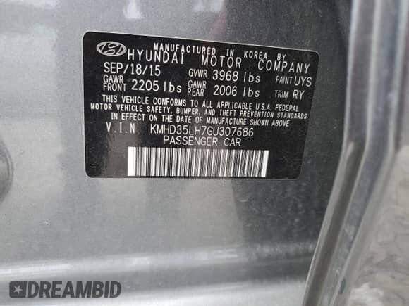 2016 Hyundai Elantra with VIN KMHD35LH7GU307686, listed as a Copart auction lot 58329795 with 115,505 mi miles and Salvage title. Bid and sale history available at DreamBid. Image 12.