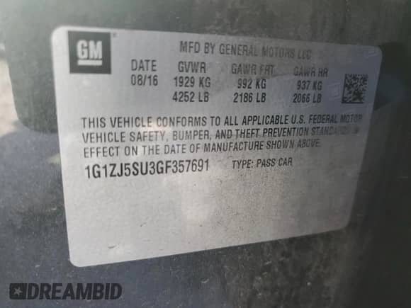 2016 Chevrolet Malibu Hybrid с VIN 1G1ZJ5SU3GF357691, выставлен на аукционе Copart как лот 71889425 с пробегом 68 058 миль миль и Списание • Salvage title. История ставок и продаж доступна на DreamBid. Изображение 12.