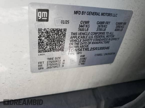 2025 Chevrolet Tahoe High Country with VIN 1GNS6TRL2SR188046, listed as a Copart auction lot 63324675 with 9,433 mi miles and Salvage title. Bid and sale history available at DreamBid. Image 13.