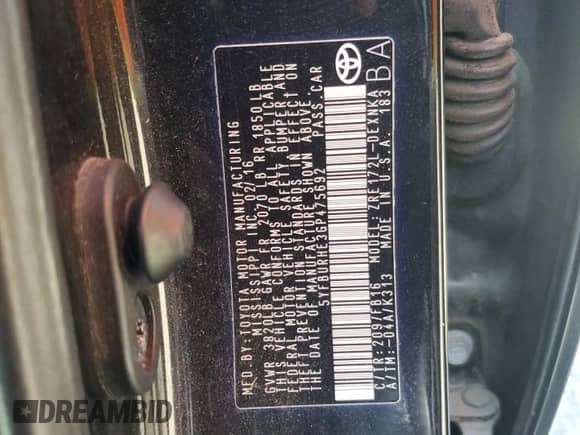 2016 Toyota Corolla L с VIN 5YFBURHE3GP475692, выставлен на аукционе Copart как лот 72047985 с пробегом 94 481 миль миль и Списание • Salvage title. История ставок и продаж доступна на DreamBid. Изображение 12.