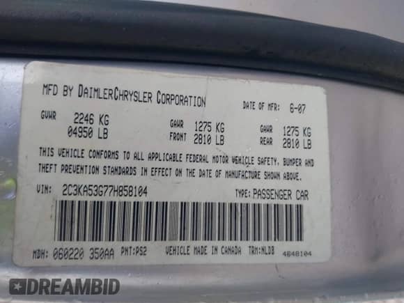 2007 Chrysler 300 Limited с VIN 2C3KA53G77H858104, выставлен на аукционе IAAI как лот 42742614 с пробегом 231 747 миль миль и . История ставок и продаж доступна на DreamBid. Изображение 9.