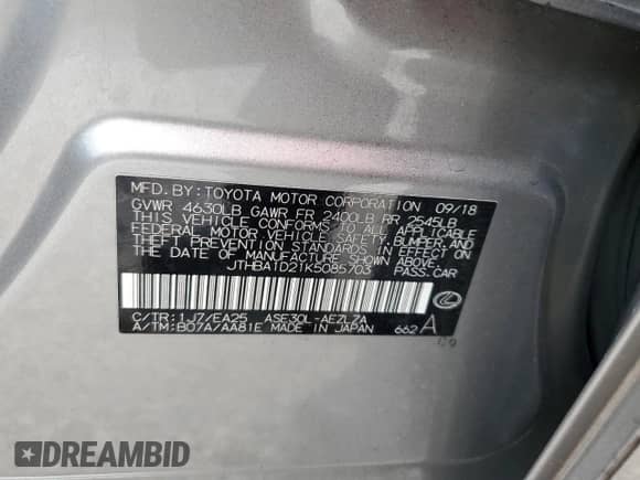 2019 Lexus IS 300 z VIN JTHBA1D21K5085703, wystawiony jako Copart lot #87241464 z przebiegiem 50 376 mil mil oraz Nie do naprawy • Non repairable. Historia ofert i sprzedaży dostępna na DreamBid. Obrazek 14.