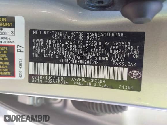 2017 Toyota Camry Hybrid LE с VIN 4T1BD1FK9HU208518, выставлен на аукционе IAAI как лот 42206177 с пробегом 295 058 миль миль и . История ставок и продаж доступна на DreamBid. Изображение 9.