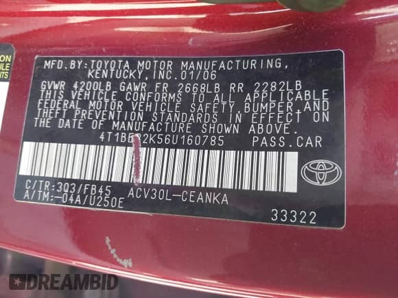 2006 Toyota Camry LE with VIN 4T1BE32K56U160785, listed as a IAAI auction lot 43452958 with 307,045 mi miles and . Bid and sale history available at DreamBid. Image 9.