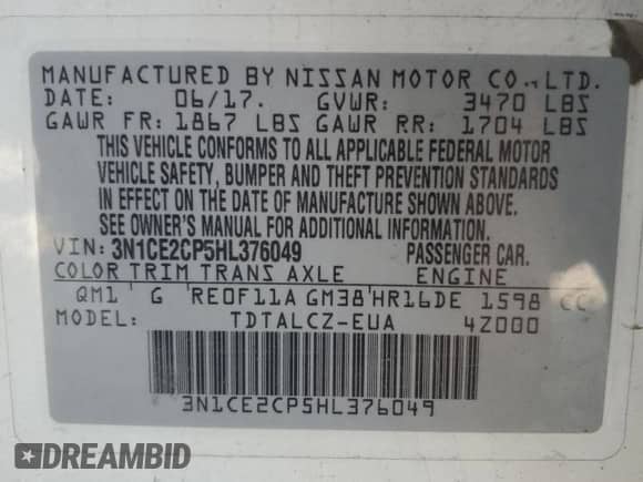 2017 Nissan Note SV z VIN 3N1CE2CP5HL376049, wystawiony jako Copart lot #84644615 z przebiegiem 149 973 mil mil oraz Czysty tytuł • Clean title. Historia ofert i sprzedaży dostępna na DreamBid. Obrazek 12.