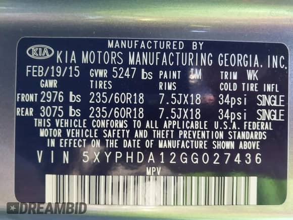 2016 Kia Sorento EX with VIN 5XYPHDA12GG027436, listed as a IAAI auction lot 43297957 with 119,669 mi miles and . Bid and sale history available at DreamBid. Image 9.