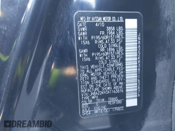 2010 Nissan Cube SL с VIN JN8AZ2KR3AT163876, выставлен на аукционе IAAI как лот 43506927 с пробегом 191 733 миль миль и . История ставок и продаж доступна на DreamBid. Изображение 9.