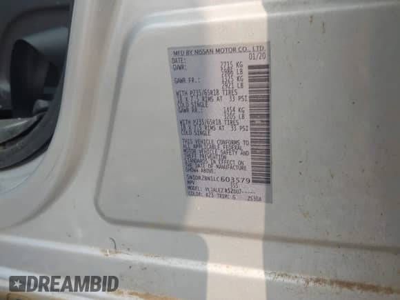 2020 Nissan Pathfinder SV with VIN 5N1DR2BN1LC603579, listed as a IAAI auction lot 42362772 with 96,361 mi miles and . Bid and sale history available at DreamBid. Image 9.