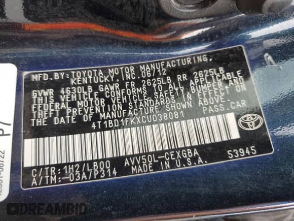 2012 Toyota Camry LE with VIN 4T1BD1FKXCU038081, listed as a Copart auction lot 71927835 with 146,171 mi miles and Salvage title. Bid and sale history available at DreamBid. Image 13.