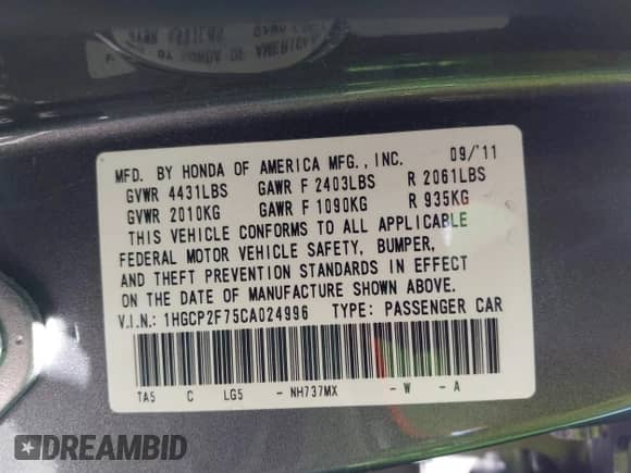 2012 Honda Accord EX z VIN 1HGCP2F75CA024996, wystawiony jako IAAI lot #43385248 z przebiegiem 250 197 mil mil oraz . Historia ofert i sprzedaży dostępna na DreamBid. Obrazek 9.