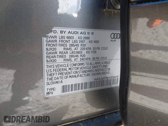 2017 Audi Q7 Premium Plus with VIN WA1LAAF76HD034415, listed as a IAAI auction lot 43159504 with 73,576 mi miles and . Bid and sale history available at DreamBid. Image 9.