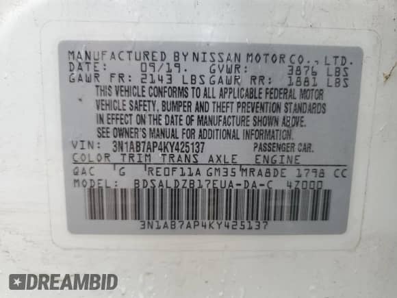 2019 Nissan Sentra S z VIN 3N1AB7AP4KY425137, wystawiony jako Copart lot #62181955 z przebiegiem 52 576 mil mil oraz Szkoda całkowita • Salvage title. Historia ofert i sprzedaży dostępna na DreamBid. Obrazek 12.