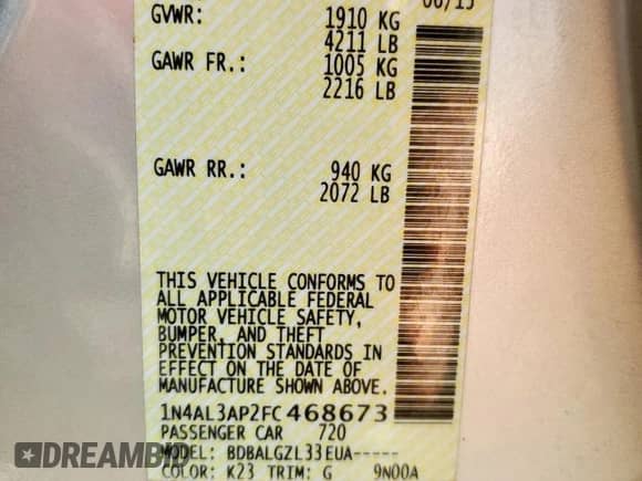 2015 Nissan Altima 2.5 with VIN 1N4AL3AP2FC468673, listed as a Copart auction lot 81728075 with 95,583 mi miles and Salvage title. Bid and sale history available at DreamBid. Image 12.