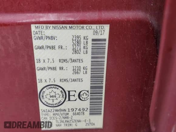 2017 Nissan Murano S with VIN 5N1AZ2MH9HN197492, listed as a Copart auction lot 62725015 with Not provided miles and Salvage title. Bid and sale history available at DreamBid. Image 13.