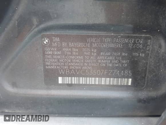 2007 BMW 3 Series 328i z VIN WBAVC53507FZ74485, wystawiony jako IAAI lot #43292107 z przebiegiem 176 945 mil mil oraz . Historia ofert i sprzedaży dostępna na DreamBid. Obrazek 9.