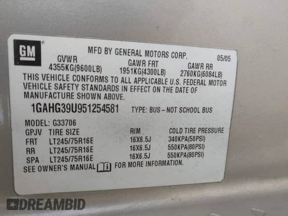 2005 Chevrolet Express Passenger с VIN 1GAHG39U951254581, выставлен на аукционе IAAI как лот 41704155 с пробегом 119 020 миль миль и . История ставок и продаж доступна на DreamBid. Изображение 9.