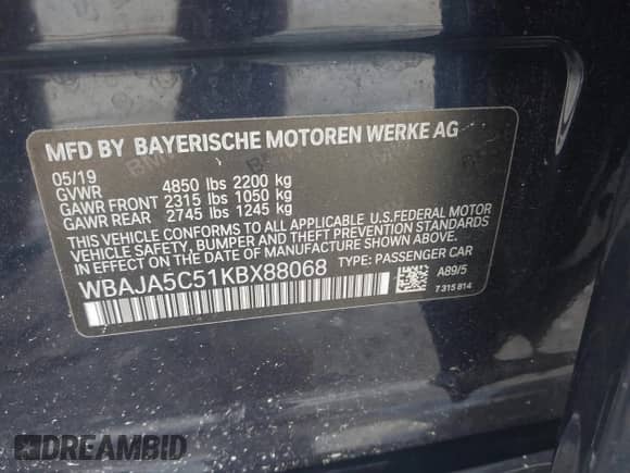 2019 BMW 5 Series 530i with VIN WBAJA5C51KBX88068, listed as a IAAI auction lot 42758238 with Not provided miles and . Bid and sale history available at DreamBid. Image 9.